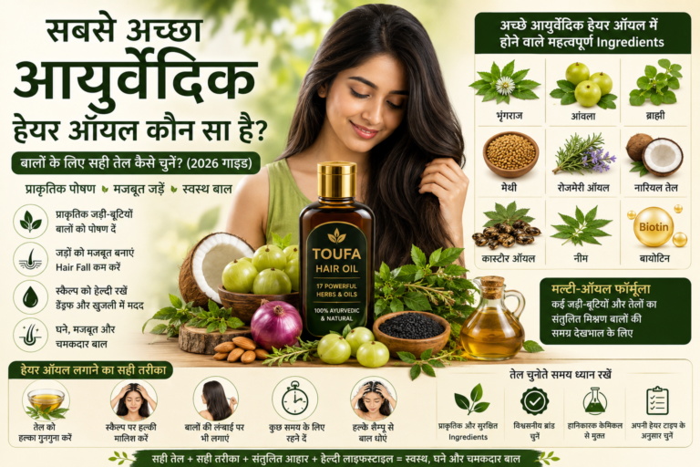 सबसे अच्छा आयुर्वेदिक हेयर ऑयल कौन सा है? बालों के लिए सही तेल कैसे चुनें – आंवला, भृंगराज, ब्राह्मी, रोज़मेरी और अन्य प्राकृतिक सामग्री के साथ संपूर्ण गाइड। Toufa Hair Oil